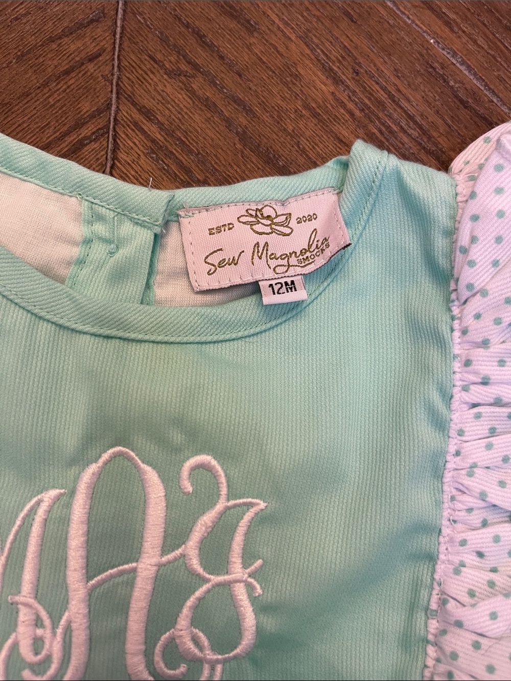Sew Magnolia Mint Green Ruffle Top & Gingham Bloomer Monogrammed set MAJ - Picture 2 of 5